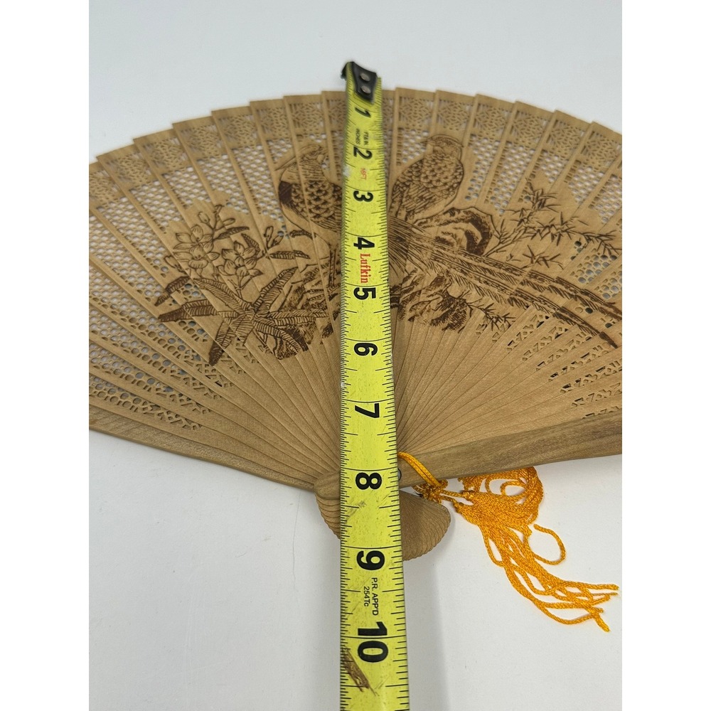 Vintage Chinese Sandalwood Folding Fan Carved Pheasant Design with‎ Brocade Box - Picture 11 of 14